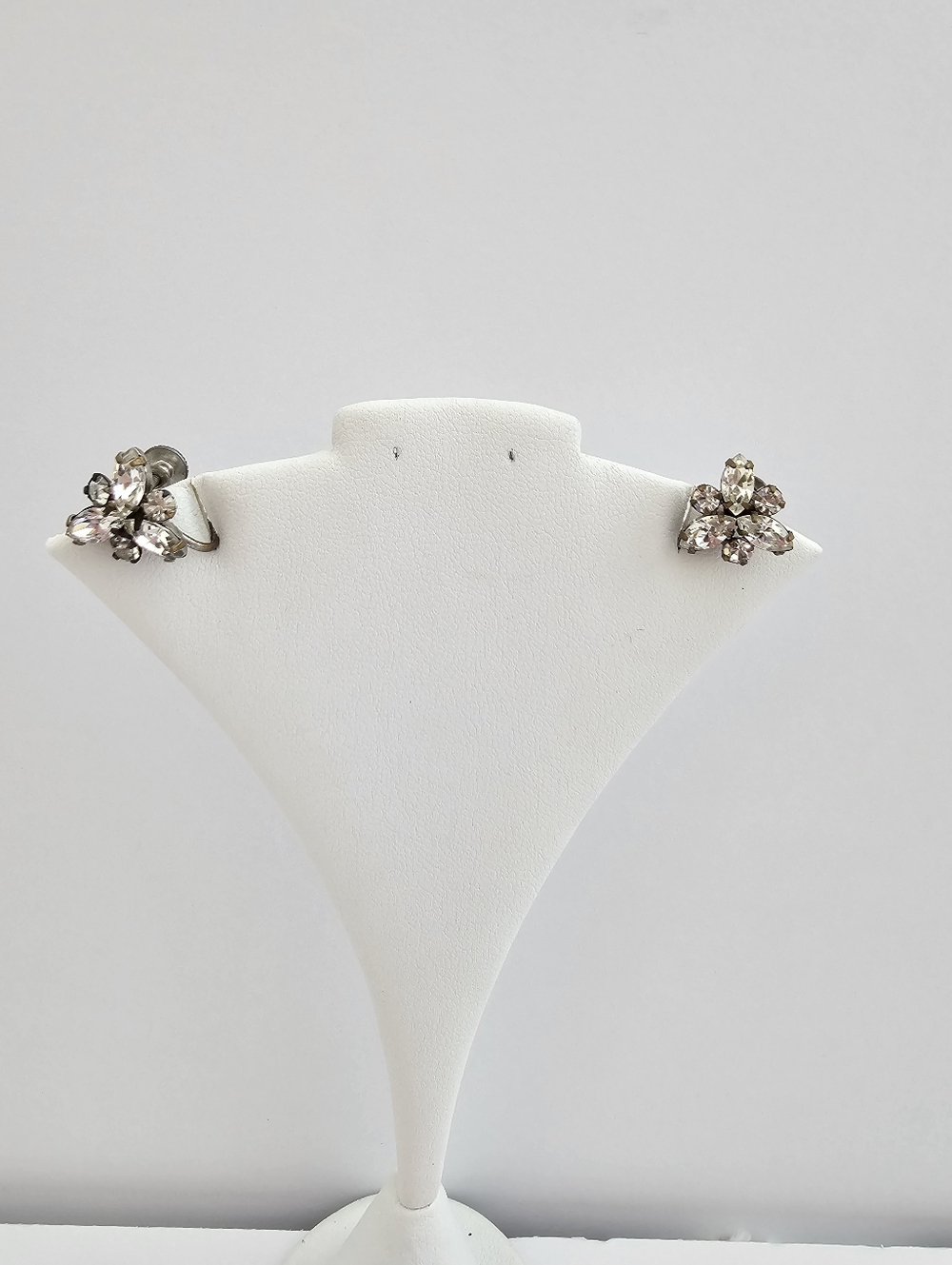 Vintage 1950s Clear Rhinestone Floral Screw-Back Earrings - Marquise Cut Navette